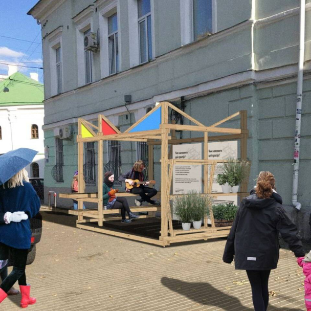 Фото. На Подолі встановлюють парклет, щоб захистити тротуар від хаотичного паркування