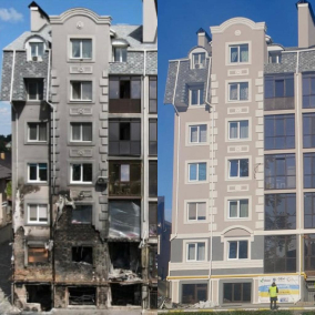 Фото. В Буче отстроили разрушенный россиянами многоквартирный дом
