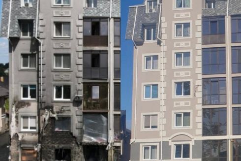 Фото. В Буче отстроили разрушенный россиянами многоквартирный дом