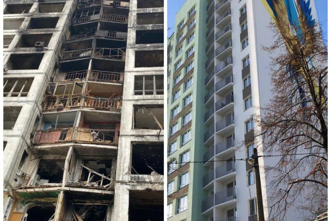 Фото. У Києві на відновленому після влучання російської ракети будинку з'явився мурал з феніксом 