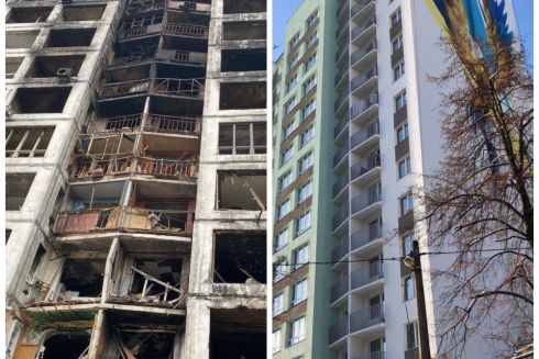 Фото. В Киеве на восстановленном после попадания российской ракеты доме появился мурал с фениксом