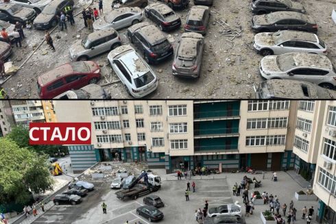 Кияни розчистили двір багатоповерхівки на Солом'янці, в яку влучив уламок ракети